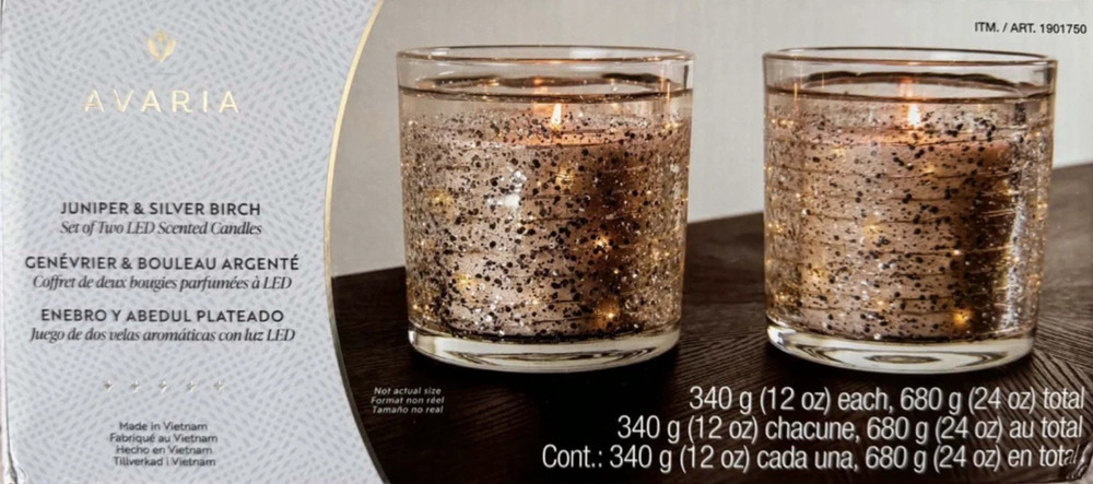 Avaria LED Scented Candle Set of 2 Juniper Silver Birch Glass 12 oz Each OEM NEW